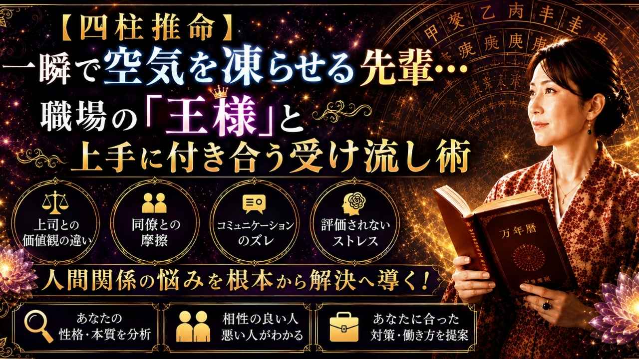 職場で空気を凍らせる「王様」タイプの先輩との上手な付き合い方を、四柱推命の視点から解説するイメージ