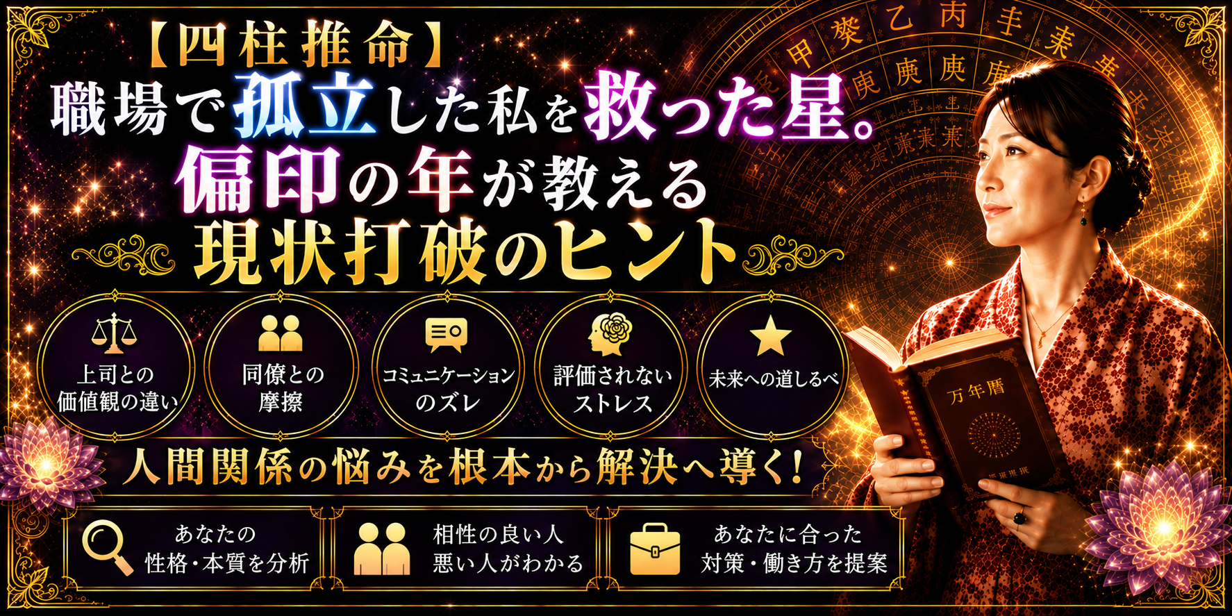 職場の人間関係で孤立し悩んでいた筆者を救った、四柱推命「偏印(へんいん)」の年のメッセージと現状打破のヒントを伝えるイメージ