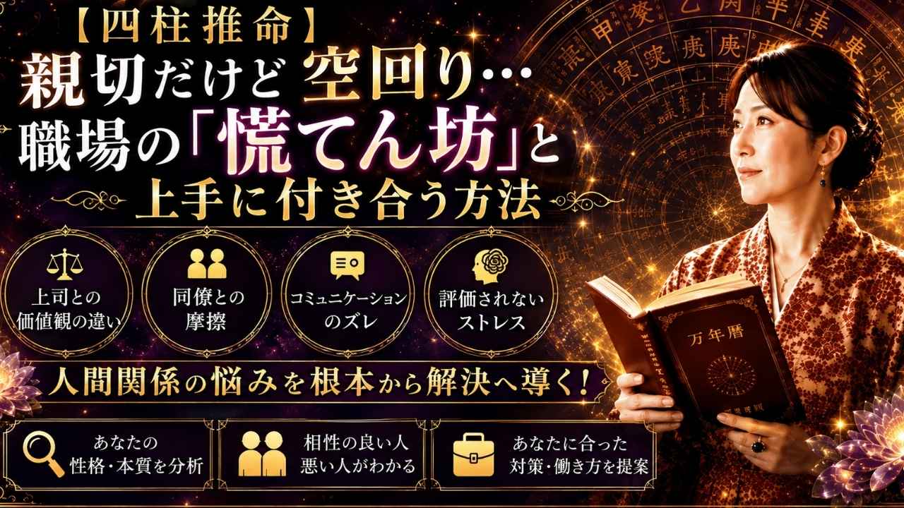 職場の「親切だけど空回りしてしまう人」との上手な付き合い方を、四柱推命の視点から解説するイメージ