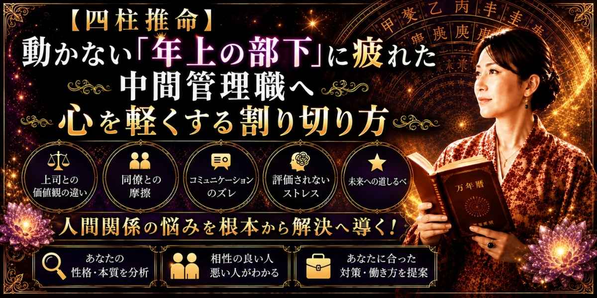 動かない年上の部下のマネジメントに悩み、本音と建前の板挟みで疲弊する中間管理職の葛藤を四柱推命で解決するイメージ