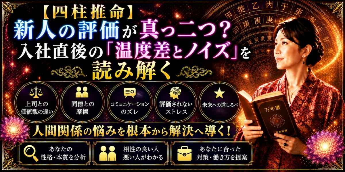 新入社員の評価が真っ二つに分かれる職場の温度差や、同僚の噂話（ノイズ）などの人間関係のトラブルを、四柱推命の視点から読み解くイメージ